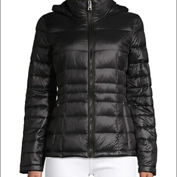 CALVIN KLEIN down blend packable puff Black hoodie jacket , women size large - Picture 1 of 10